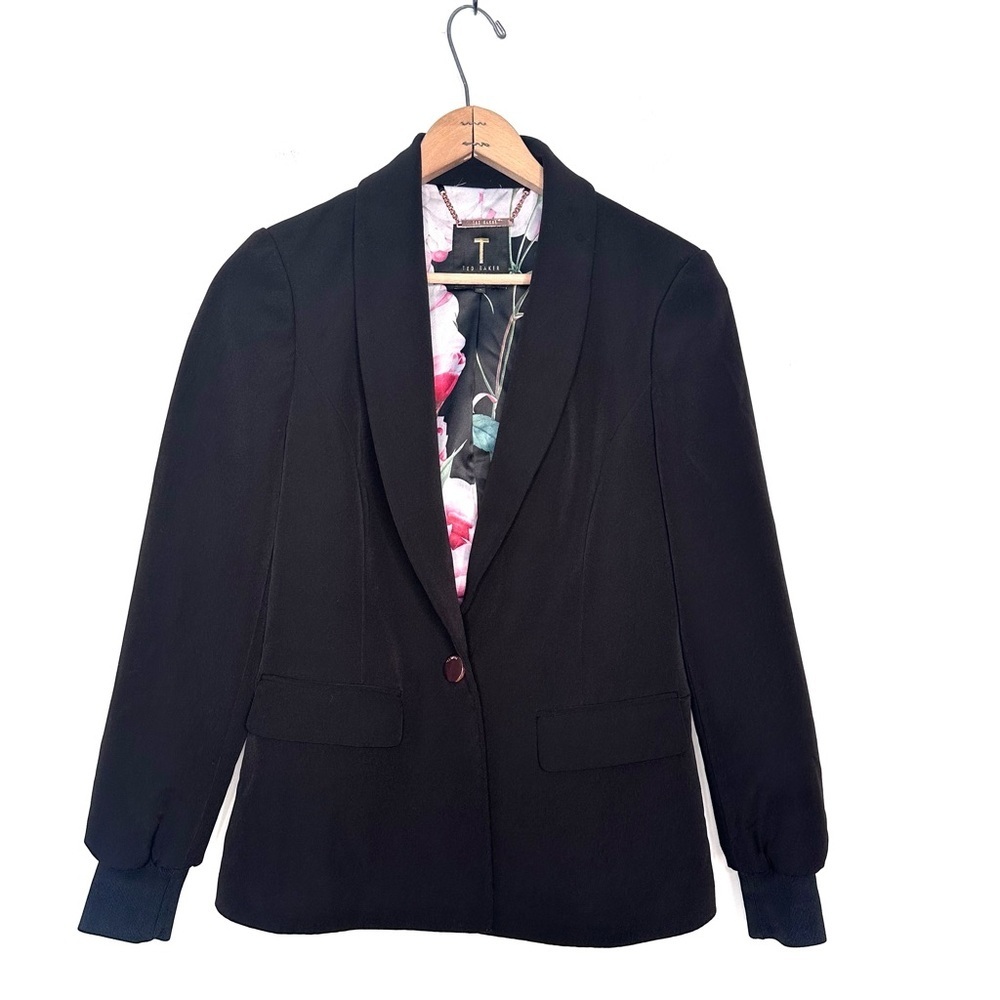 Ted Baker Black Single Button Ribbed Elastic Cuffs Tailored Blazer Size 1 US 4